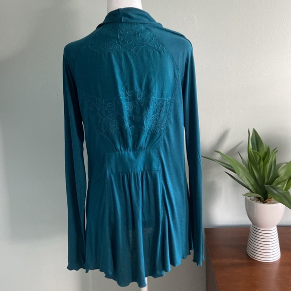 Anthropologie Turquoise Open Front Cotton Cardigan Embroidered Detailing… - Picture 3 of 8